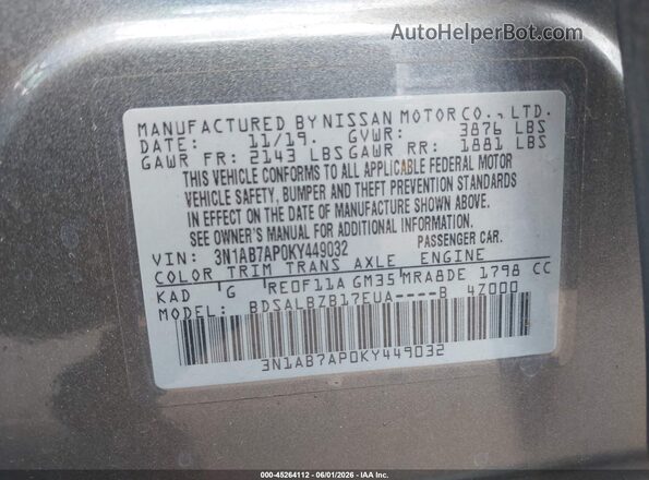 3N1AB7AP0KY449032 2019 NISSAN SENTRA Серый Вид подкапотного пространства