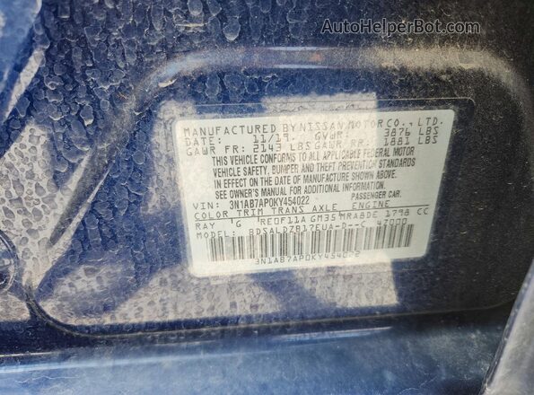 3N1AB7AP0KY454022 2019 NISSAN SENTRA Синий 