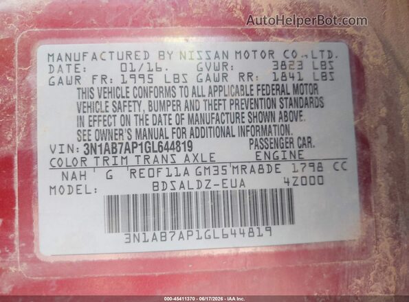 3N1AB7AP1GL644819 2016 NISSAN SENTRA Burgundy ძრავის განყოფილების ხედი