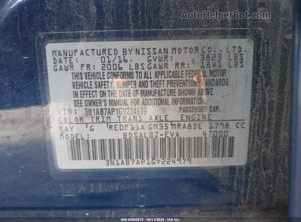 3N1AB7AP1GY224979 2016 NISSAN SENTRA Blue Vista del compartimento del motor
