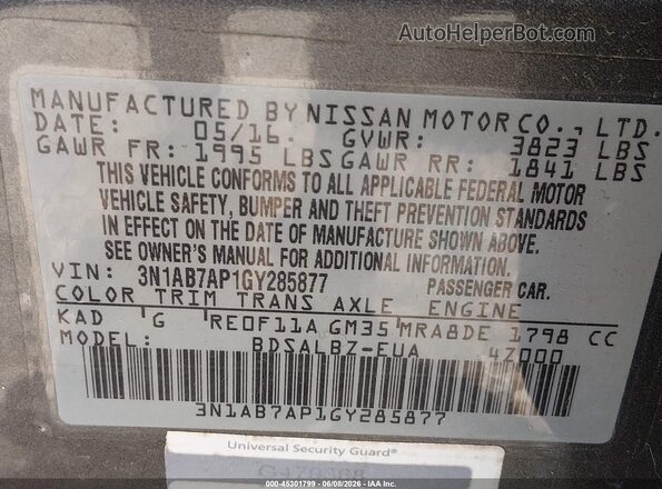 3N1AB7AP1GY285877 2016 NISSAN SENTRA Gray Widok komory silnika