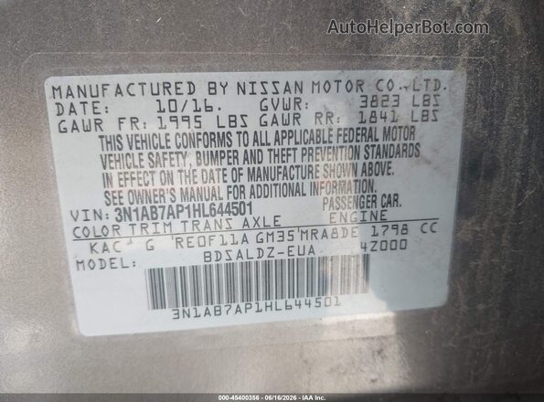 3N1AB7AP1HL644501 2017 NISSAN SENTRA Gray ძრავის განყოფილების ხედი