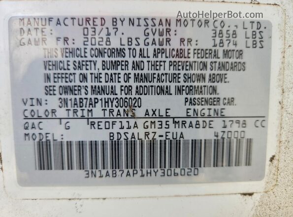 3N1AB7AP1HY306020 2017 NISSAN SENTRA White Շարժիչի բաժամունքի տեսք