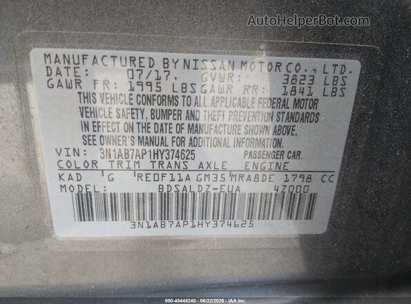 3N1AB7AP1HY374625 2017 NISSAN SENTRA Gray Вид підкапотного простору