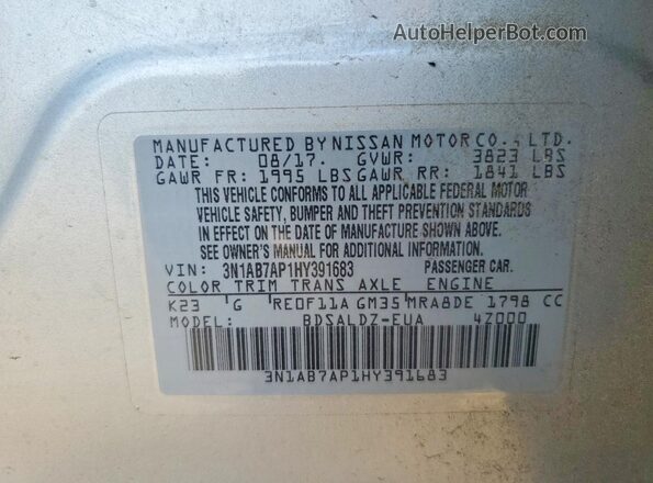 3N1AB7AP1HY391683 2017 NISSAN SENTRA Silver VIN կոդի պիտակի տեսք