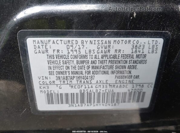 3N1AB7AP1HY404187 2017 NISSAN SENTRA Black Vista del compartimento del motor