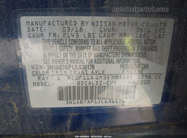 3N1AB7AP1JL636176 2018 NISSAN SENTRA Blue Vista del compartimento del motor