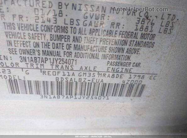 3N1AB7AP1JY254071 2018 NISSAN SENTRA Silver Вид підкапотного простору