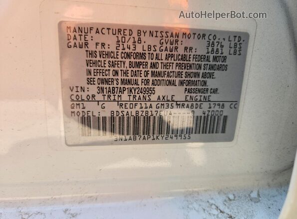 3N1AB7AP1KY249955 2019 NISSAN SENTRA Белый Вид подкапотного пространства