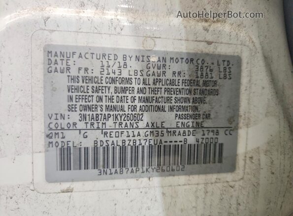3N1AB7AP1KY260602 2019 NISSAN SENTRA White Вид підкапотного простору