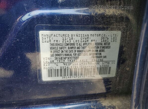 3N1AB7AP1KY275066 2019 NISSAN SENTRA Blue Вид підкапотного простору