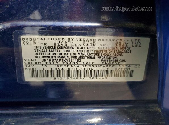3N1AB7AP1KY321463 2019 NISSAN SENTRA Blue 