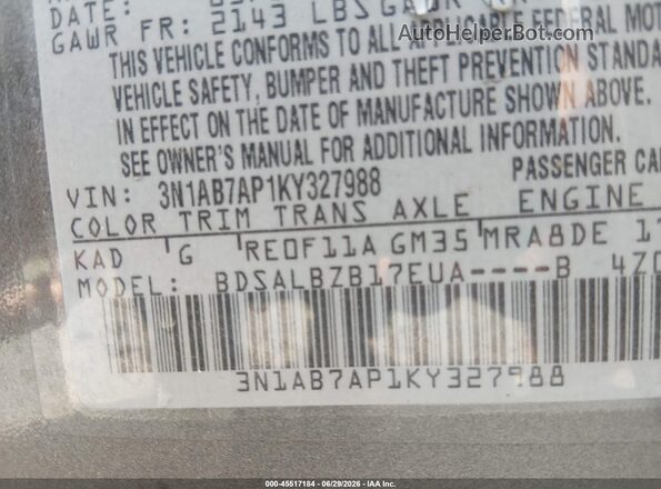 3N1AB7AP1KY327988 2019 NISSAN SENTRA Gray Շարժիչի բաժամունքի տեսք