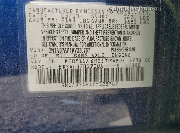 3N1AB7AP1KY328767 2019 NISSAN SENTRA Blue Vista de la etiqueta del VIN