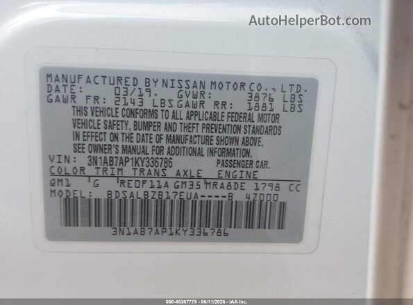 3N1AB7AP1KY336786 2019 NISSAN SENTRA Белый Вид подкапотного пространства