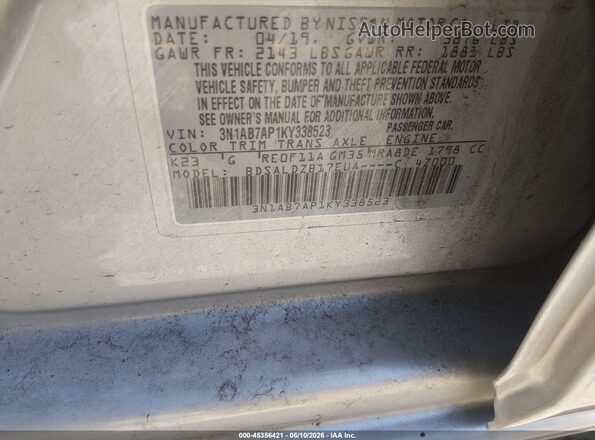3N1AB7AP1KY338523 2019 NISSAN SENTRA Silver 