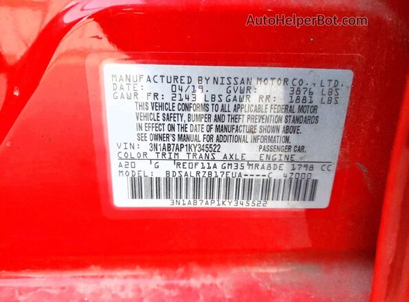 3N1AB7AP1KY345522 2019 NISSAN SENTRA Red ძრავის განყოფილების ხედი