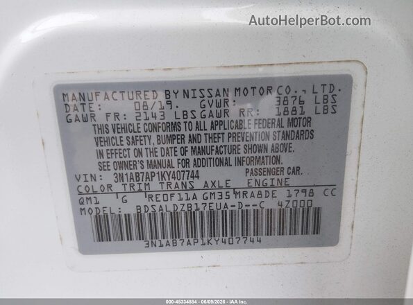 3N1AB7AP1KY407744 2019 NISSAN SENTRA Белый 