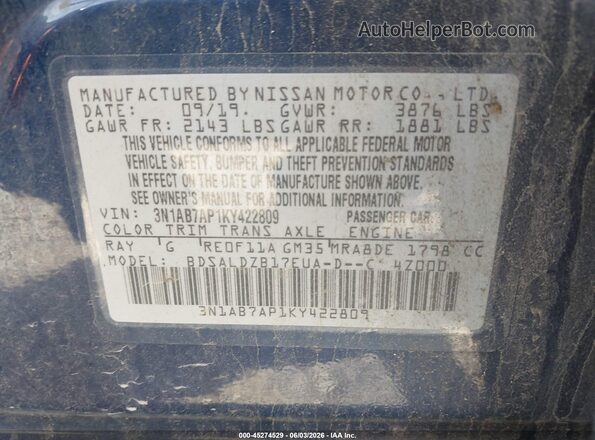 3N1AB7AP1KY422809 2019 NISSAN SENTRA Blue Widok komory silnika