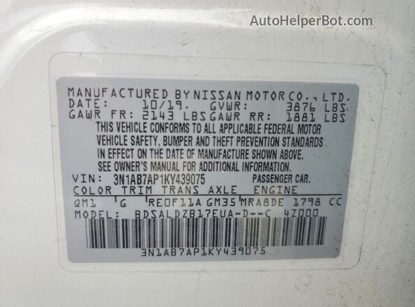 3N1AB7AP1KY439075 2019 NISSAN SENTRA White Engine compartment view