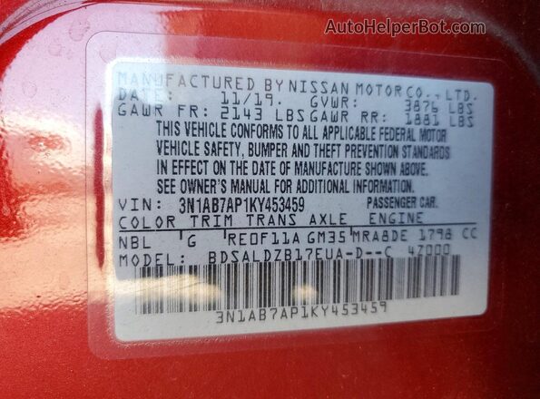 3N1AB7AP1KY453459 2019 NISSAN SENTRA Red VIN კოდის სტიკერის ხედი