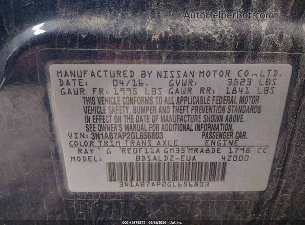 3N1AB7AP2GL656803 2016 NISSAN SENTRA Blue ძრავის განყოფილების ხედი