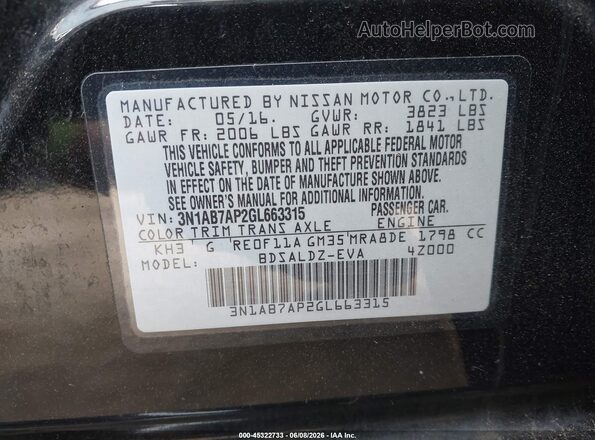 3N1AB7AP2GL663315 2016 NISSAN SENTRA Black ძრავის განყოფილების ხედი
