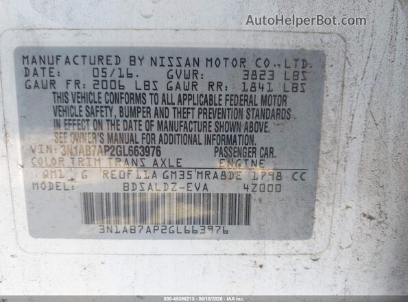 3N1AB7AP2GL663976 2016 NISSAN SENTRA White Вид підкапотного простору