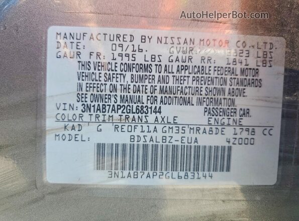 3N1AB7AP2GL683144 2016 NISSAN SENTRA Gray Vista del compartimento del motor