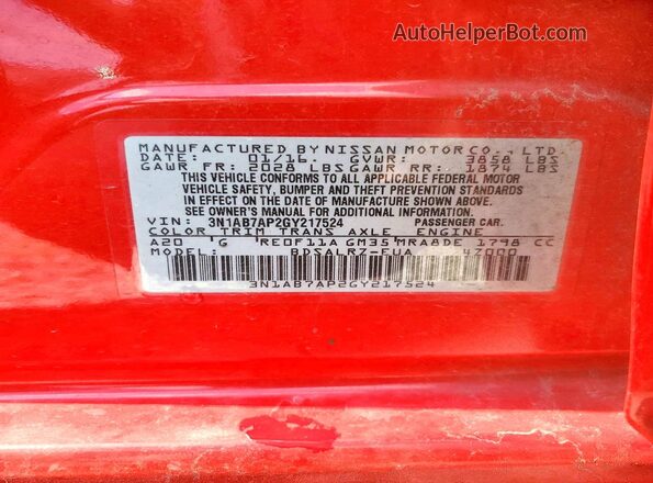 3N1AB7AP2GY217524 2016 NISSAN SENTRA Red Вид наклейки з VIN-кодом