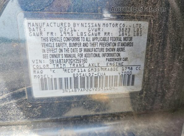 3N1AB7AP2GY259160 2016 NISSAN SENTRA Blue 