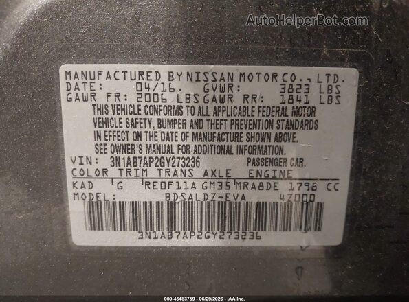 3N1AB7AP2GY273236 2016 NISSAN SENTRA Gray ძრავის განყოფილების ხედი