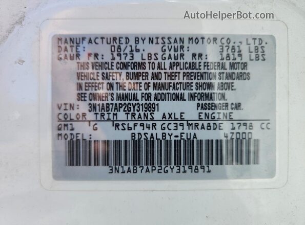 3N1AB7AP2GY319891 2016 NISSAN SENTRA White Widok komory silnika