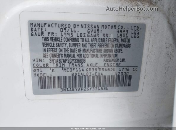 3N1AB7AP2GY336836 2016 NISSAN SENTRA White Вид підкапотного простору