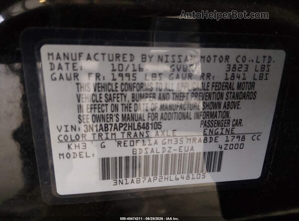 3N1AB7AP2HL648105 2017 NISSAN SENTRA Black Vista del compartimento del motor