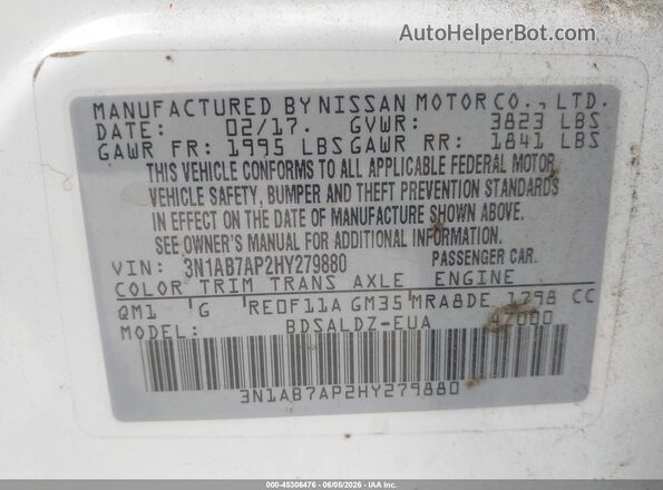 3N1AB7AP2HY279880 2017 NISSAN SENTRA White Widok komory silnika