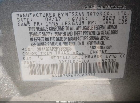 3N1AB7AP2HY282035 2017 NISSAN SENTRA Gray Շարժիչի բաժամունքի տեսք