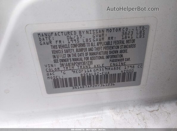 3N1AB7AP2HY361236 2017 NISSAN SENTRA Белый Вид подкапотного пространства