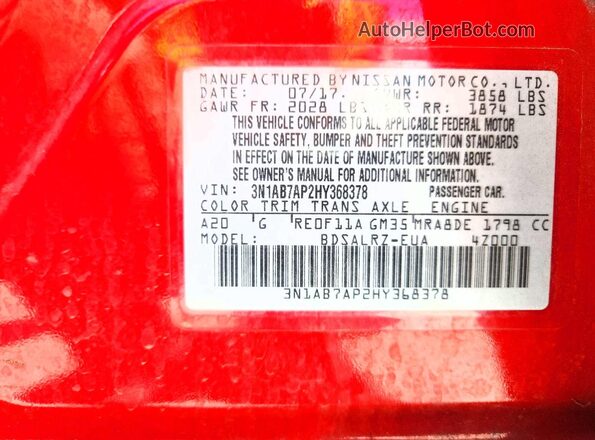 3N1AB7AP2HY368378 2017 NISSAN SENTRA Red Vista de la etiqueta del VIN
