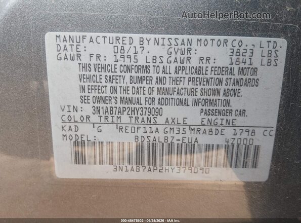 3N1AB7AP2HY379090 2017 NISSAN SENTRA Gray Շարժիչի բաժամունքի տեսք