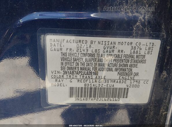 3N1AB7AP2JL626160 2018 NISSAN SENTRA Синий Вид подкапотного пространства