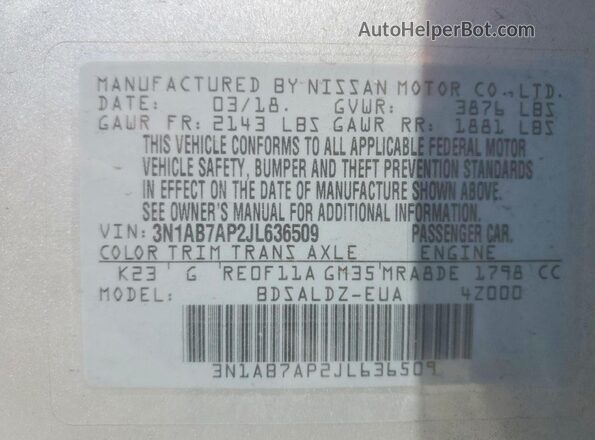 3N1AB7AP2JL636509 2018 NISSAN SENTRA Silver Widok komory silnika