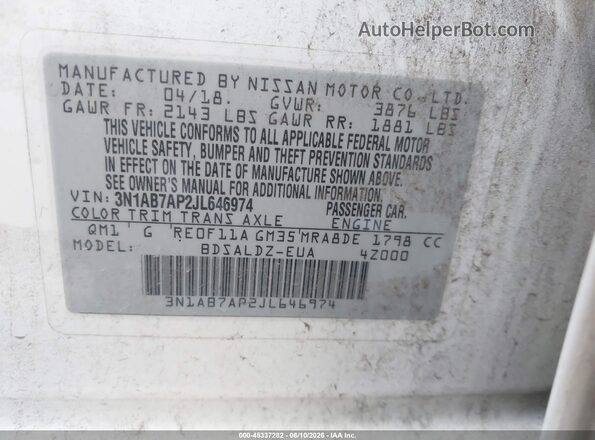 3N1AB7AP2JL646974 2018 NISSAN SENTRA White ძრავის განყოფილების ხედი