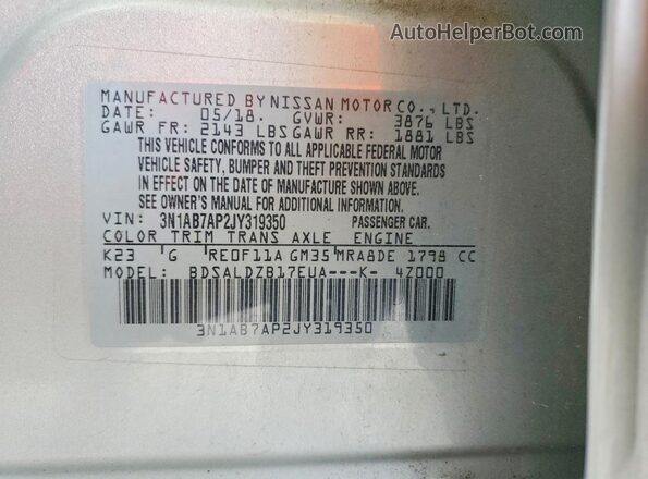 3N1AB7AP2JY319350 2019 NISSAN SENTRA Silver ძრავის განყოფილების ხედი