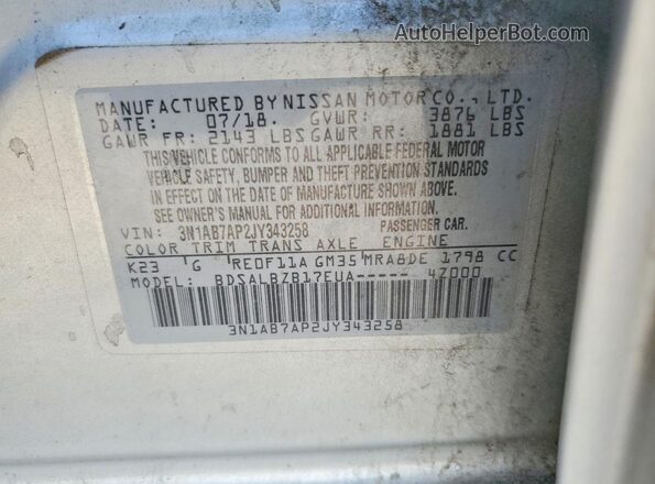 3N1AB7AP2JY343258 2018 NISSAN SENTRA Silver Вид наклейки з VIN-кодом