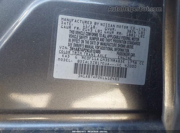 3N1AB7AP2KL612485 2019 NISSAN SENTRA Gray ძრავის განყოფილების ხედი