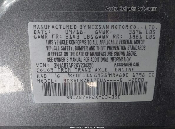3N1AB7AP2KY234350 2019 NISSAN SENTRA Gray Շարժիչի բաժամունքի տեսք
