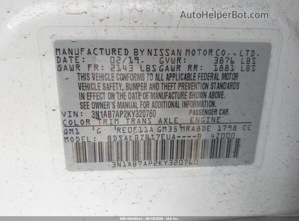 3N1AB7AP2KY320760 2019 NISSAN SENTRA White Vista del compartimento del motor