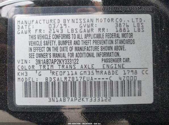 3N1AB7AP2KY333122 2019 NISSAN SENTRA Black Widok komory silnika