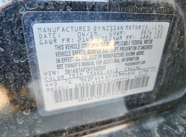 3N1AB7AP2KY348560 2019 NISSAN SENTRA Black Widok naklejki z numerem VIN